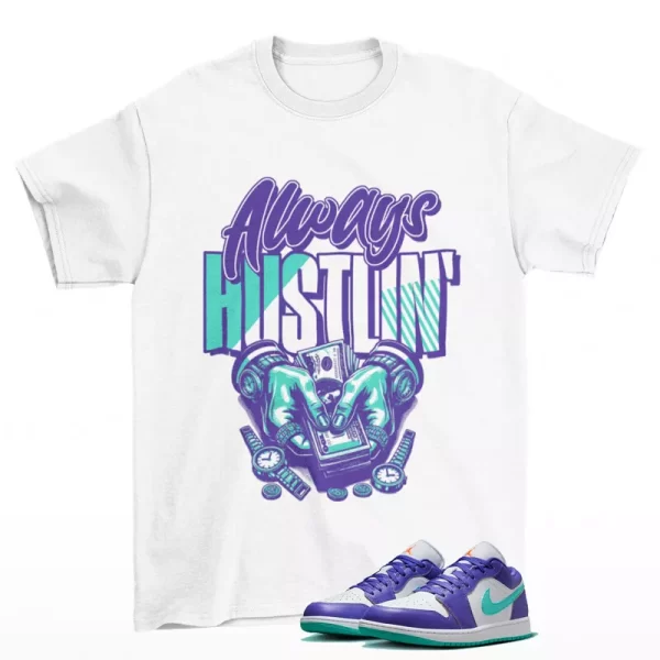 Hustle Sneaker Shirt White to Match Jordan 1 Low Psychic Purple HJ9013-550 Jezsport.com