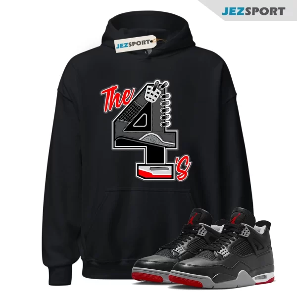 Hoodie to Match Jordan 4 Bred Reimagined, The 4s Red-Sneaker Black Tee, Matching Sneaker Hoodie