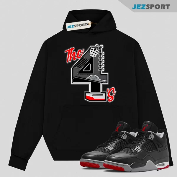 Hoodie to Match Jordan 4 Bred Reimagined, The 4s Red-Sneaker Black Tee, Matching Sneaker Hoodie