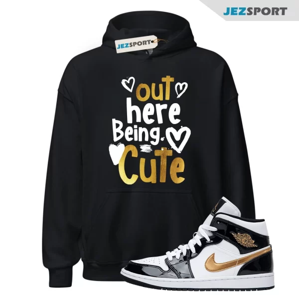 Metallic Gold Patent Black White Air 1 Mid Hoodie Match C2, 852542-007 Matching Sneaker Hoodie