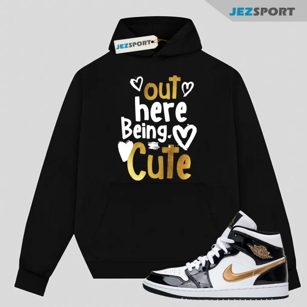 Metallic Gold Patent Black White Air 1 Mid Hoodie Match C2, 852542-007 Matching Sneaker Hoodie