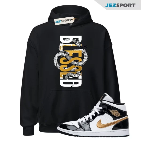 Metallic Gold Patent Black White Air 1 Mid Hoodie Match SNAKEBLS, Matching Sneaker Hoodie ,852542-007