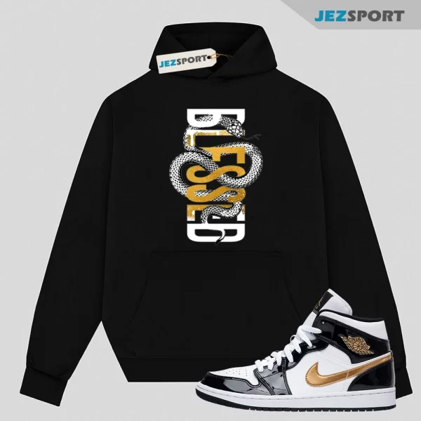 Metallic Gold Patent Black White Air 1 Mid Hoodie Match SNAKEBLS, Matching Sneaker Hoodie