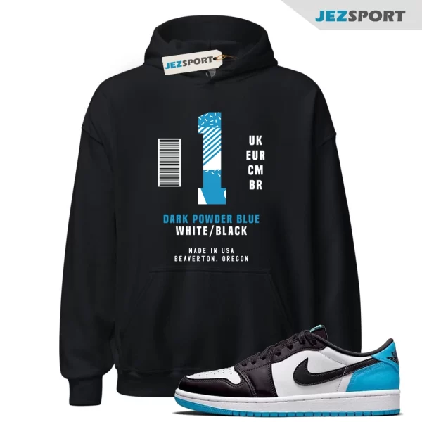 Box Label Hoodie to Match Jordan 1 Low OG Black Dark Powder Blue CZ0790-104, Matching Sneaker Hoodie