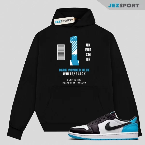 Box Label Hoodie to Match Jordan 1 Low OG Black Dark Powder Blue CZ0790-104, Matching Sneaker Hoodie