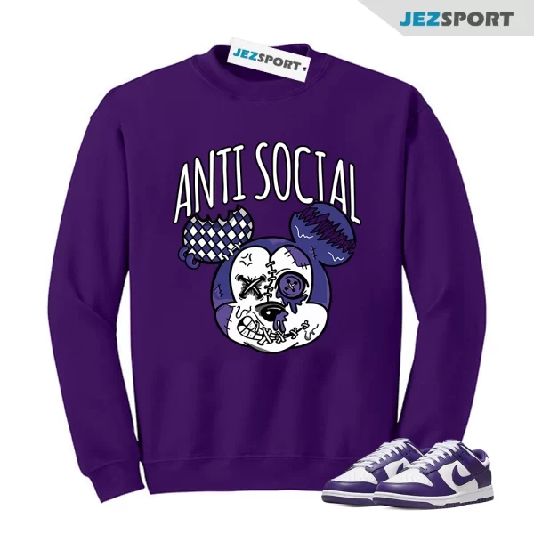 Dunk Purple Championship Court Low White Matching Sweatshirt, Anti Social Tee Matching Sneaker Sweatshirt