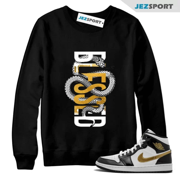 Metallic Gold Patent Black White Air 1 Mid Sweatshirt Match SNAKEBLS, Matching Sneaker Sweatshirt