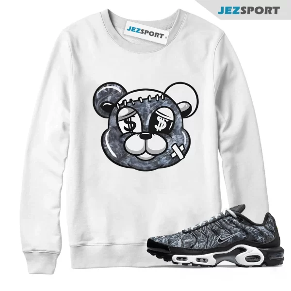 White STITCH Sweatshirt for N Air Max Plus Dark Smoke Grey Black Camo, Matching Sneaker Sweatshirt