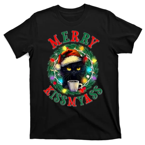 Funny Christmas Merry Kissmyass Moody Cat Coffee T Shirt For Men, Christmas Shirt For Girl Jezsport.com