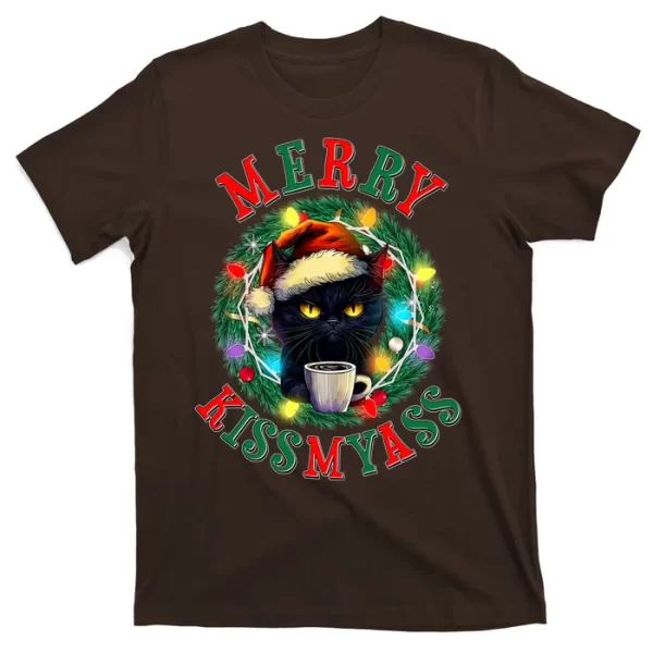 Funny Christmas Merry Kissmyass Moody Cat Coffee T Shirt For Men, Christmas Shirt For Girl Jezsport.com