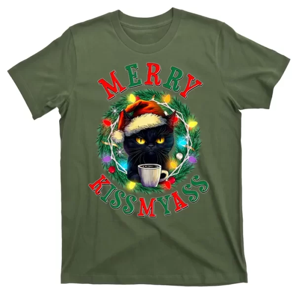 Funny Christmas Merry Kissmyass Moody Cat Coffee T Shirt For Men, Christmas Shirt For Girl Jezsport.com