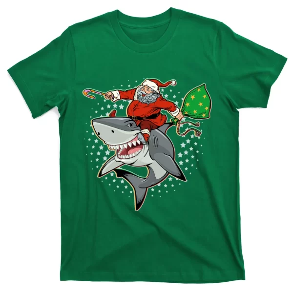 Funny Christmas Santa Riding Shark T Shirt For Men, Christmas Shirt For Girl Jezsport.com