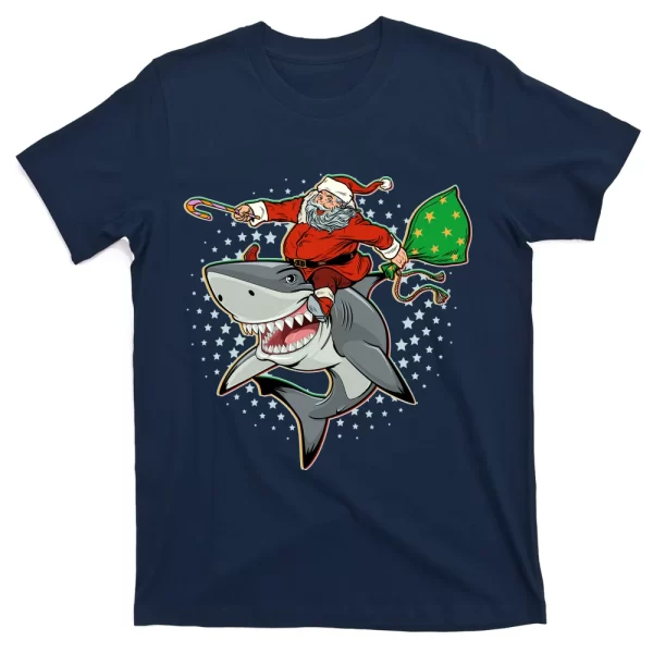 Funny Christmas Santa Riding Shark T Shirt For Men, Christmas Shirt For Girl Jezsport.com