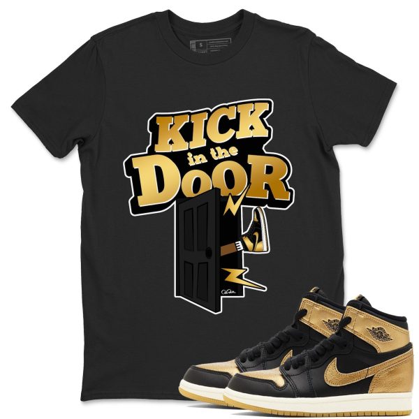 Kick In The Door Sneaker Casual Unisex Cotton Sneaker T Shirt To Match 1 Retro Black Metallic Gold Jezsport.com