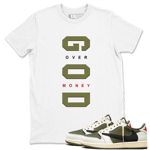 God Over Money t shirts to match sneakers Air Jordan 1 Travis x Reverse Olive Jezsport.com