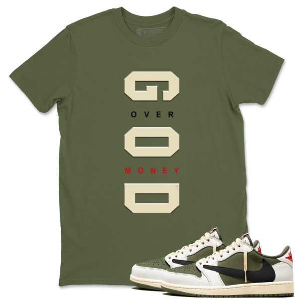 God Over Money t shirts to match sneakers Air Jordan 1 Travis x Reverse Olive Jezsport.com