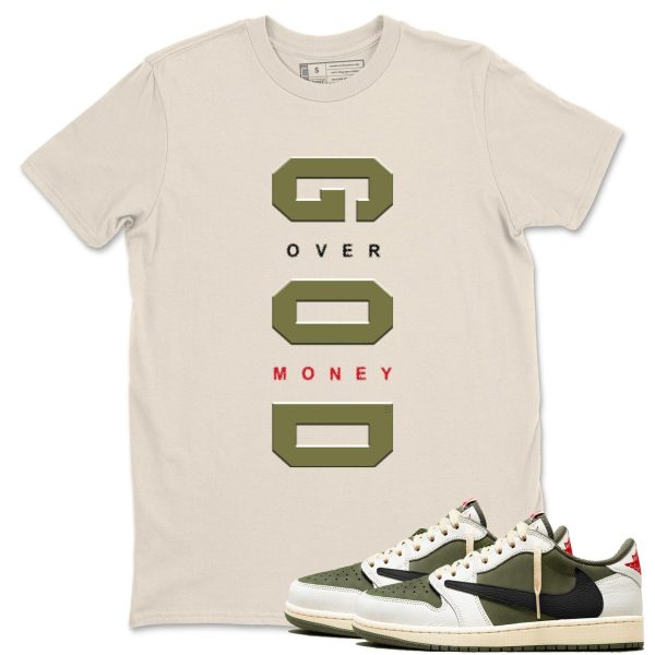 God Over Money t shirts to match sneakers Air Jordan 1 Travis x Reverse Olive Jezsport.com