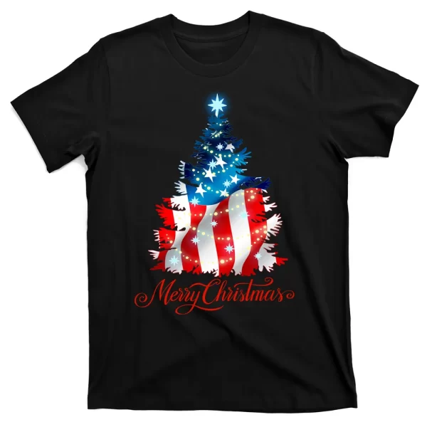 Merry Christmas American Flag Christmas Tree T Shirt For Men, Christmas Shirt For Girl Jezsport.com