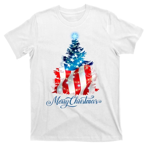 Merry Christmas American Flag Christmas Tree T Shirt For Men, Christmas Shirt For Girl Jezsport.com