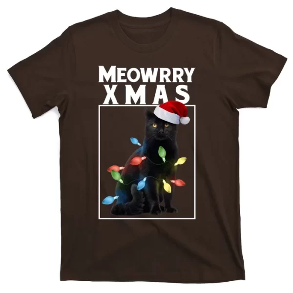 Meowy Christmas Cat With Lights And Santa Hat T Shirt For Men, Christmas Shirt For Girl Jezsport.com