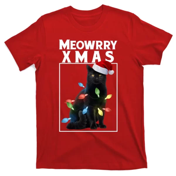 Meowy Christmas Cat With Lights And Santa Hat T Shirt For Men, Christmas Shirt For Girl Jezsport.com