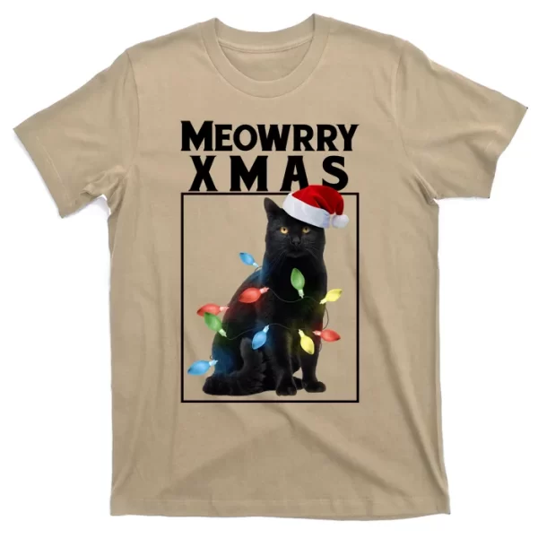 Meowy Christmas Cat With Lights And Santa Hat T Shirt For Men, Christmas Shirt For Girl Jezsport.com