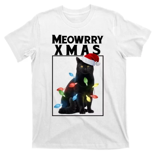 Meowy Christmas Cat With Lights And Santa Hat T Shirt For Men, Christmas Shirt For Girl Jezsport.com