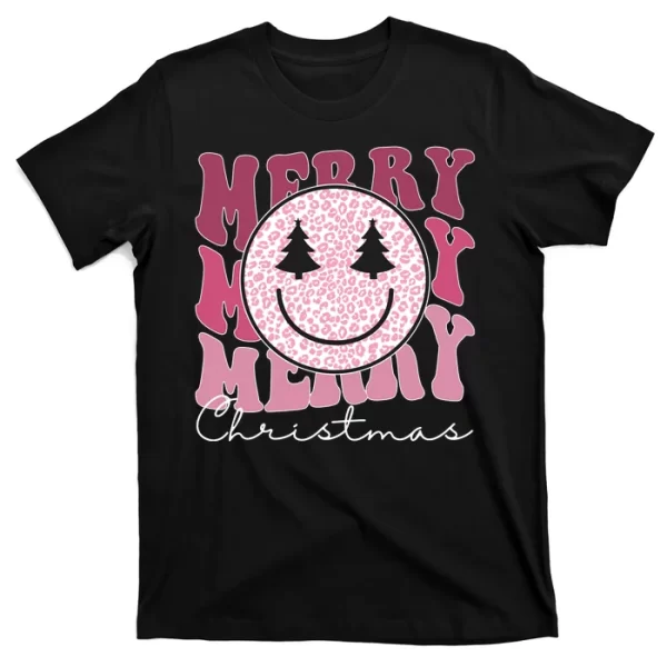 Merry Christmas Retro Leopard Smile T Shirt For Men, Christmas Shirt For Girl Jezsport.com