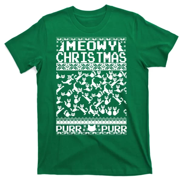 Meowy Christmas Cat Ugly Christmas Sweater T Shirt For Men, Christmas Shirt For Girl Jezsport.com