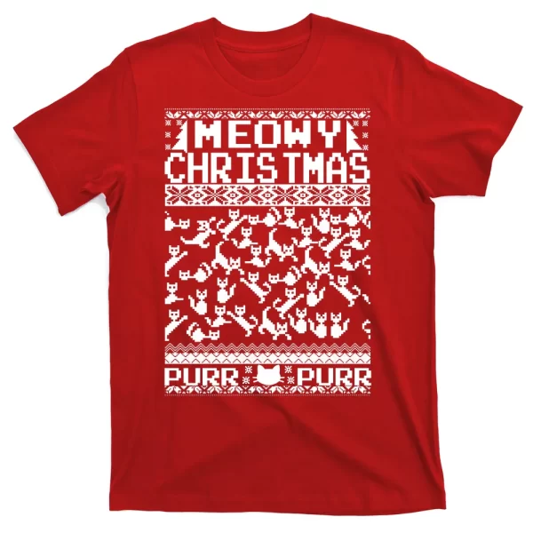 Meowy Christmas Cat Ugly Christmas Sweater T Shirt For Men, Christmas Shirt For Girl Jezsport.com