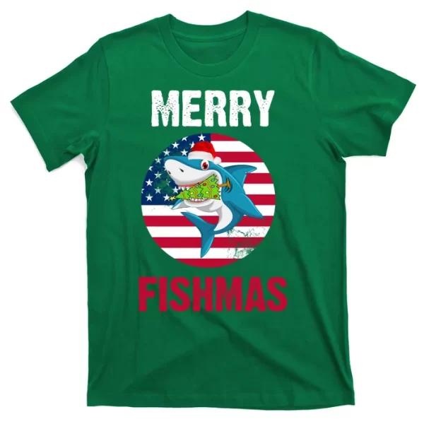 Merry Fishmas Shark America Christmas T Shirt For Men, Christmas Shirt For Girl Jezsport.com