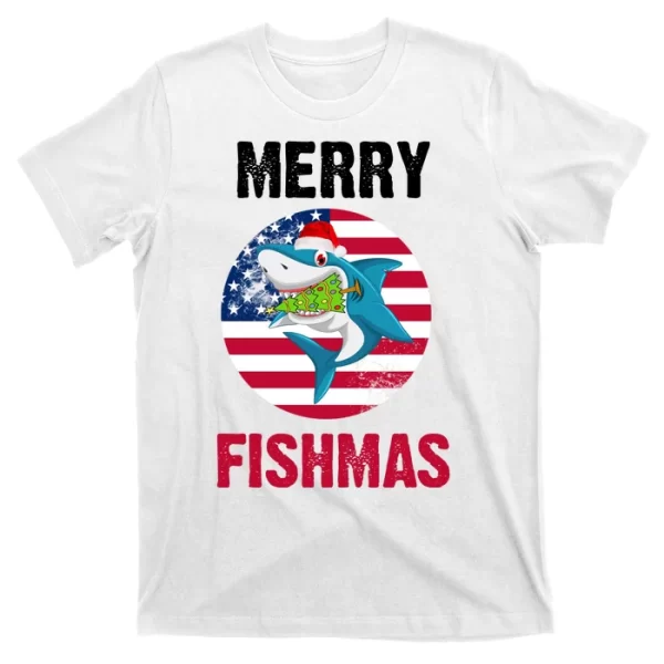 Merry Fishmas Shark America Christmas T Shirt For Men, Christmas Shirt For Girl Jezsport.com