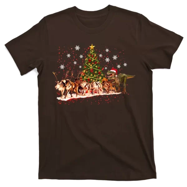 T-Rex Chasing Reindeer Funny Christmas T Shirt For Men, Christmas Shirt For Girl Jezsport.com