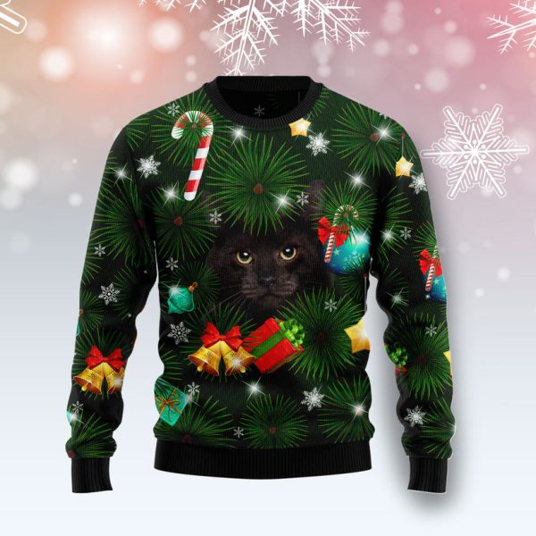 Black Cat Inside Tree Ugly Christmas Sweater Jezsport.com