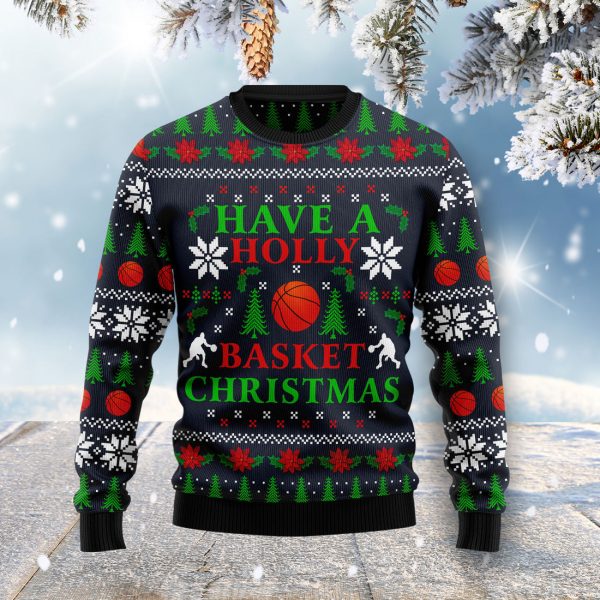 Holly Basket Basketball Christmas Ugly Christmas Sweater Jezsport.com