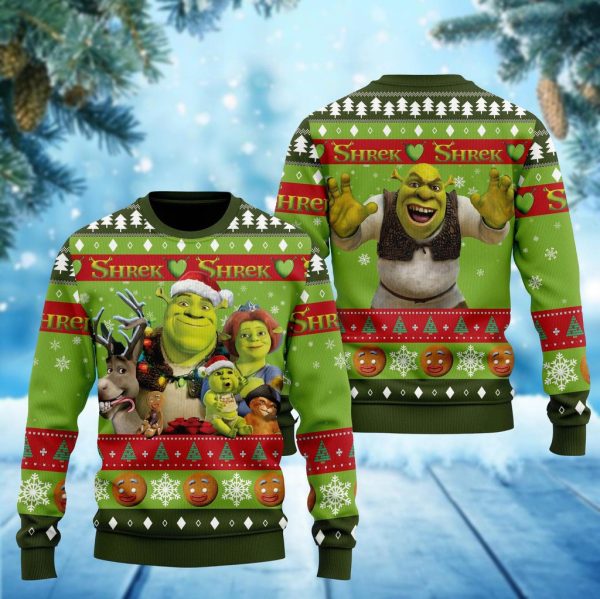 Shrek Christmas Sweater, Fiona And Shrek Funny Xmas Sweater, Shrek Face Meme Ugly Sweatshirt Jezsport.com