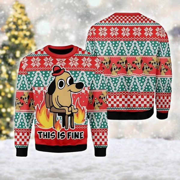 This Is Fine Meme Ugly Christmas Sweater, Xmas Sweatshirt, Christmas Gift for men Women Jezsport.com