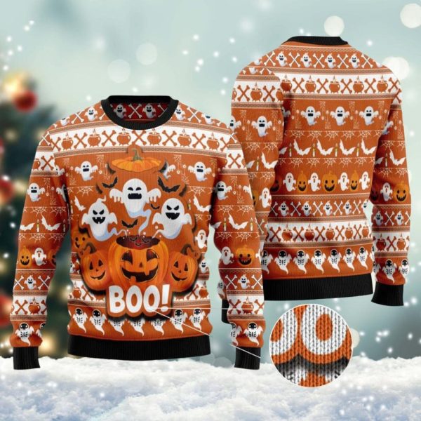 Halloween Boo Ugly Sweater, Cute Ghost Holiday Sweatshirt, Pumpkin Ugly Xmas Sweater Jezsport.com