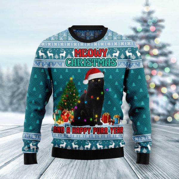 Black Cat Meomy Christmas And A Happy Purr Year Ugly Christmas Sweater, Christmas Gift Jezsport.com