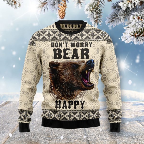 Don't Worry Bear Happy Ugly Christmas Sweater Jezsport.com