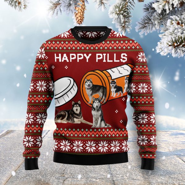 Siberian Husky Happy Pills Ugly Christmas Sweater Jezsport.com