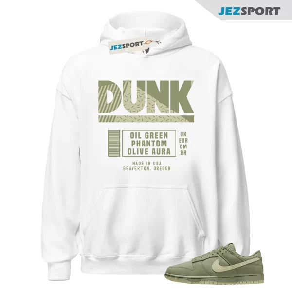 Label Dunk Hoodie White to Match Dunk Low Oil Green Olive Aura, FB8895-300 Matching Sneaker Hoodie