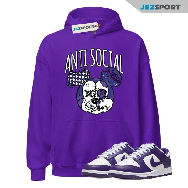 Dunk Purple Championship Court Low White Matching Hoodie, Anti Social Tee Matching Sneaker Hoodie