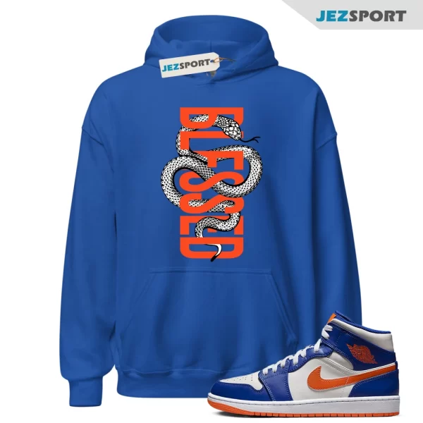 SNAKEB Hoodie to match Air Jordan 1 Mid Knicks Sail Game Royal Blue Rush Orange, FD1029-400 Matching Sneaker Hoodie