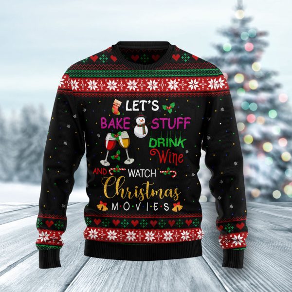 Drink wine and watch christmas movies Ugly Christmas Sweater Jezsport.com