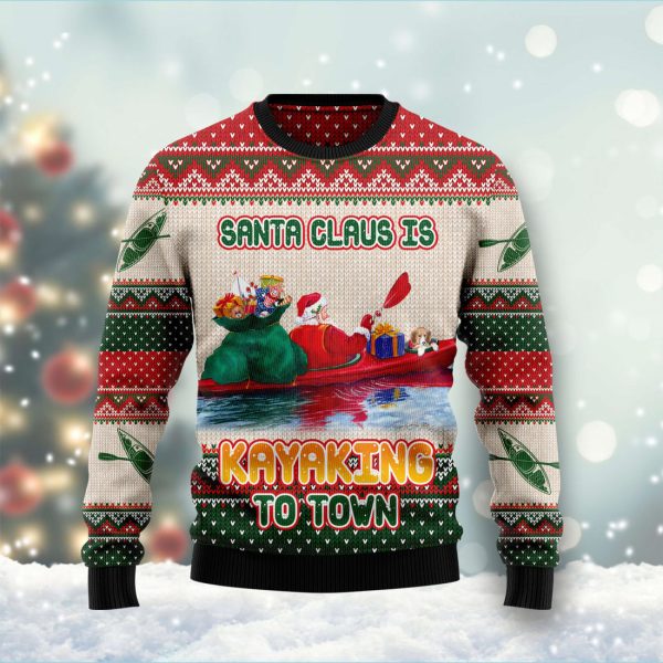 Santa Claus Is Kayaking To Town Ugly Christmas Sweater, Christmas Gift Jezsport.com