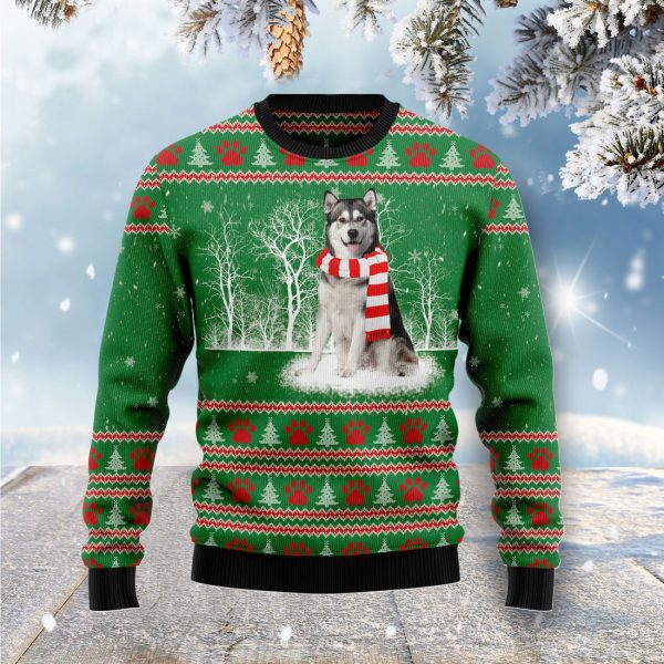 Alaskan Malamute Winter Tree Ugly Christmas Sweater Jezsport.com