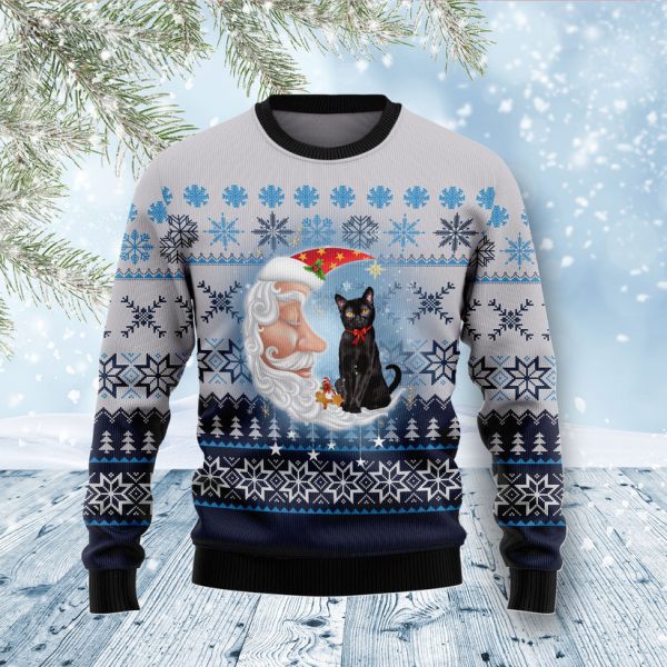 Black Cat Love Santa Moon Ugly Christmas Sweater Jezsport.com