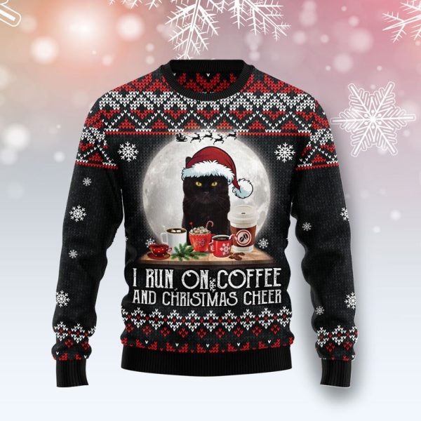 Black Cat Run On Coffee Ugly Christmas Sweater Jezsport.com