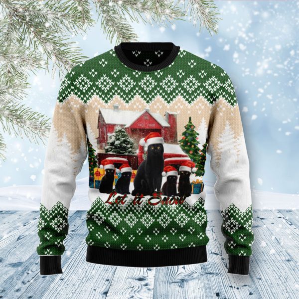 Black Cat Let It Snow Ugly Christmas Sweater Jezsport.com